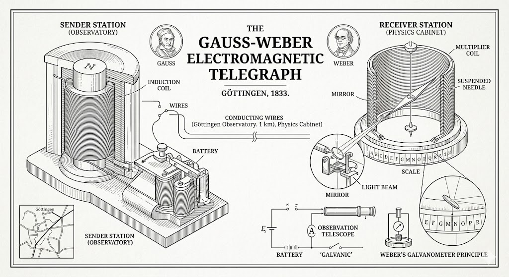 A vintage-style technical illustration on aged white paper detail the gauss-weber telegraph from 1833. The left side shows the "Sender Station" with a large induction coil and battery, connected by wires to the "Receiver Station" on the right, which features a magnetic needle, mirror, and alphabet scale. Below the main diagrams are electrical schematics, a magnified view of the mirror and scale, and a map of Göttingen showing the observatory and physics cabinet connected by wires. The composition includes small portrait medallions of Carl Friedrich Gauss and Wilhelm Weber, with the central title "THE GAUSS-WEBER ELECTROMAGNETIC TELEGRAPH."