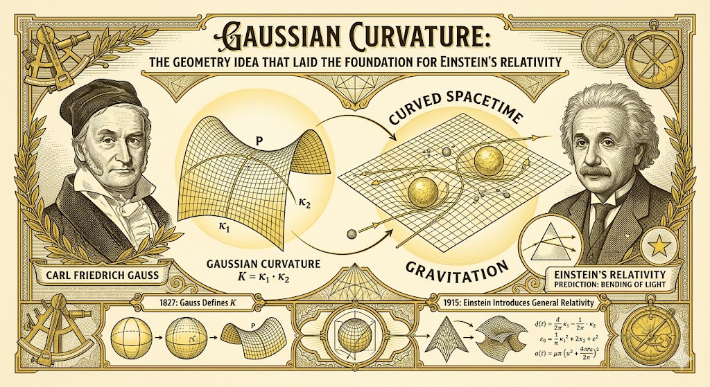 An infographic in a vintage engraving style exploring the connection between gaussian curvature and general relativity. At the top, the title reads: "GAUSSIAN CURVATURE: THE GEOMETRY IDEA THAT LAID THE FOUNDATION FOR EINSTEIN’S RELATIVITY." Below the title, portraits of Carl Friedrich Gauss (left) and Albert Einstein (right) frame central illustrations. Gauss is paired with a geometric diagram of a saddle-like curved surface illustrating gaussian curvature with curvature lines κ₁ and κ₂ and the formula K = κ₁ · κ₂. An arrow connects this surface to a visual of Einstein's curved spacetime concept, with planets distorting a coordinate grid labeled "GRAVITATION." Historical timelines note Gauss defining K in 1827 and Einstein introducing General Relativity in 1915, accompanied by diagrams of spheres, warped surfaces, and formulas, all framed by laurel wreaths and scientific instruments.