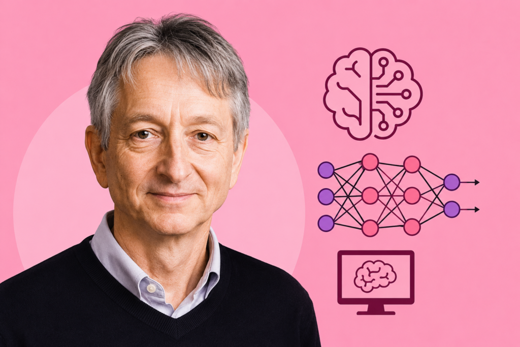 Simple pink background portrait infographic showing geoffrey hinton biography with neural network icons, deep learning concepts, artificial intelligence symbols, and the Godfather of Deep Learning theme.