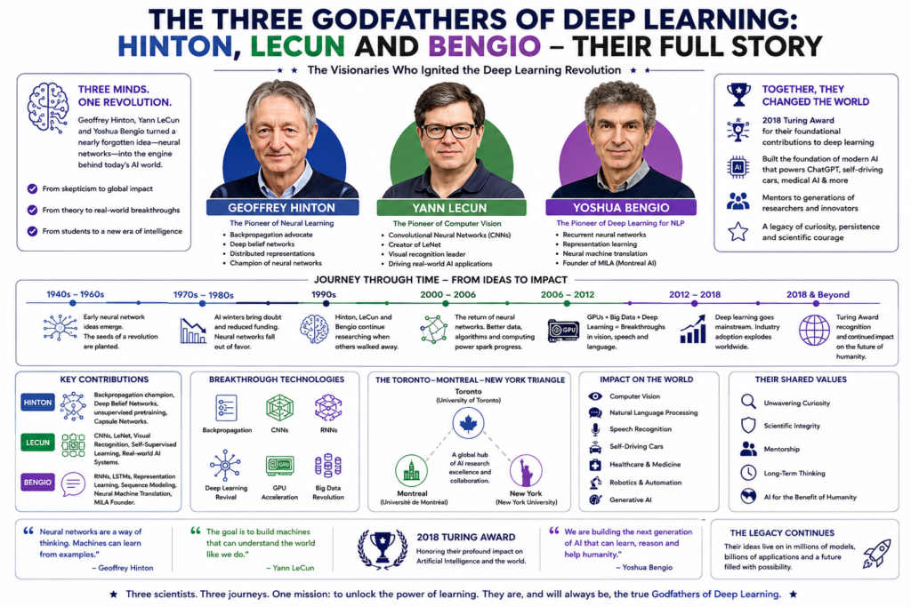 The Three Godfathers of Deep Learning: Hinton, LeCun and Bengio Their Full Story Brilliant Legacy White background infographic explaining godfathers of deep learning featuring Geoffrey Hinton, Yann LeCun, and Yoshua Bengio with deep learning history, CNNs, RNNs, AI breakthroughs, Turing Award achievements, and the evolution of modern artificial intelligence.