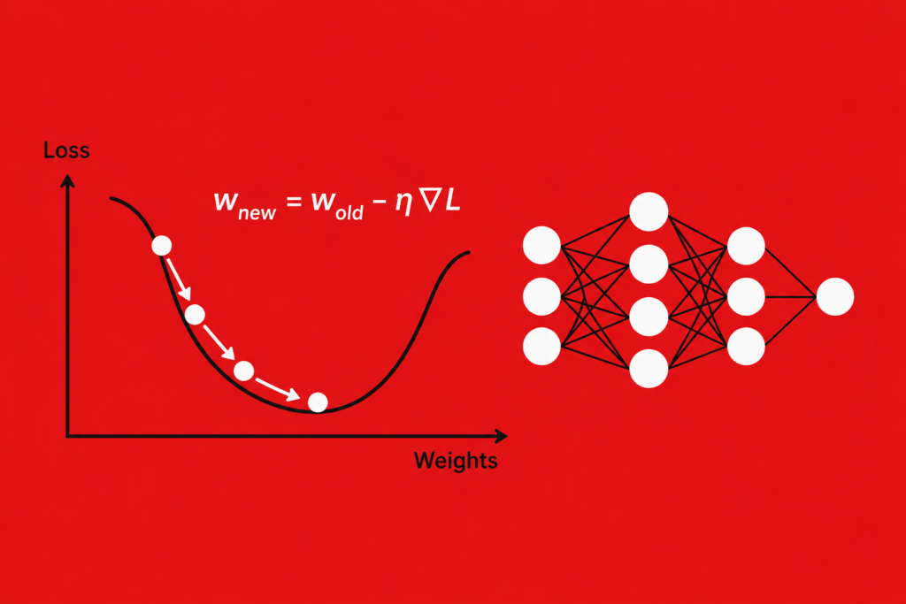 Simple red background infographic showing gradient descent explained with neural network nodes, optimization arrows, loss function curve, mathematical learning process, and AI training visualization.