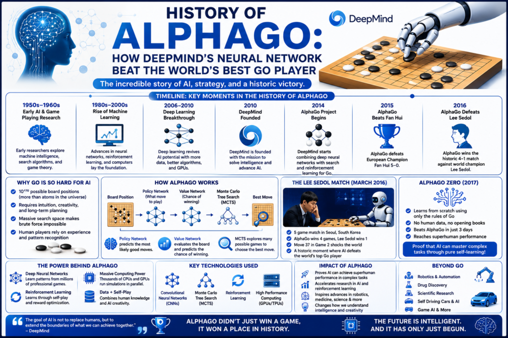 History of AlphaGo: How DeepMind's Neural Network Beat the World's Best Go Player Incredible Triumph Blue background infographic explaining history of alphago with DeepMind neural networks, Lee Sedol match, Monte Carlo Tree Search, reinforcement learning, AlphaGo Zero, and AI game strategy evolution.