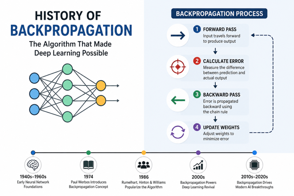History of Backpropagation: The Algorithm That Made Deep Learning Possible Powerful Revolution Half white background infographic showing the history of backpropagation with neural network layers, gradient-based learning, error correction arrows, deep learning training process, and AI algorithm visualization.