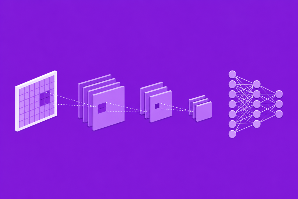 Simple purple background infographic showing history of cnn with convolutional neural network layers, feature maps, pooling layers, AlexNet inspiration, and computer vision deep learning visualization.