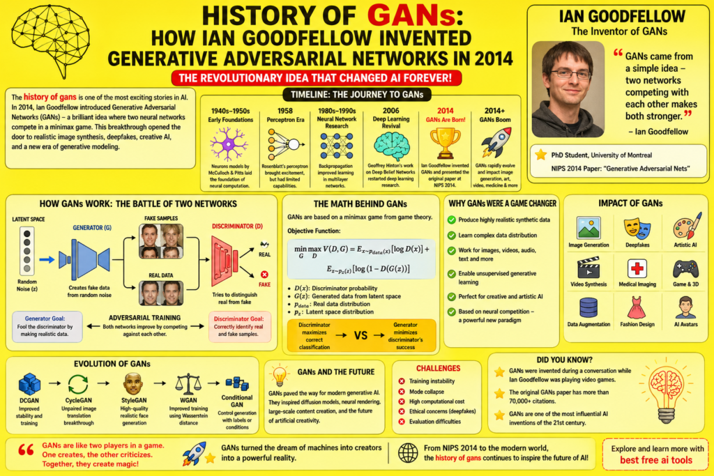 Yellow background infographic explaining history of gans with Ian Goodfellow, generator vs discriminator networks, adversarial training process, image synthesis, deepfake evolution, and GAN architecture timeline.