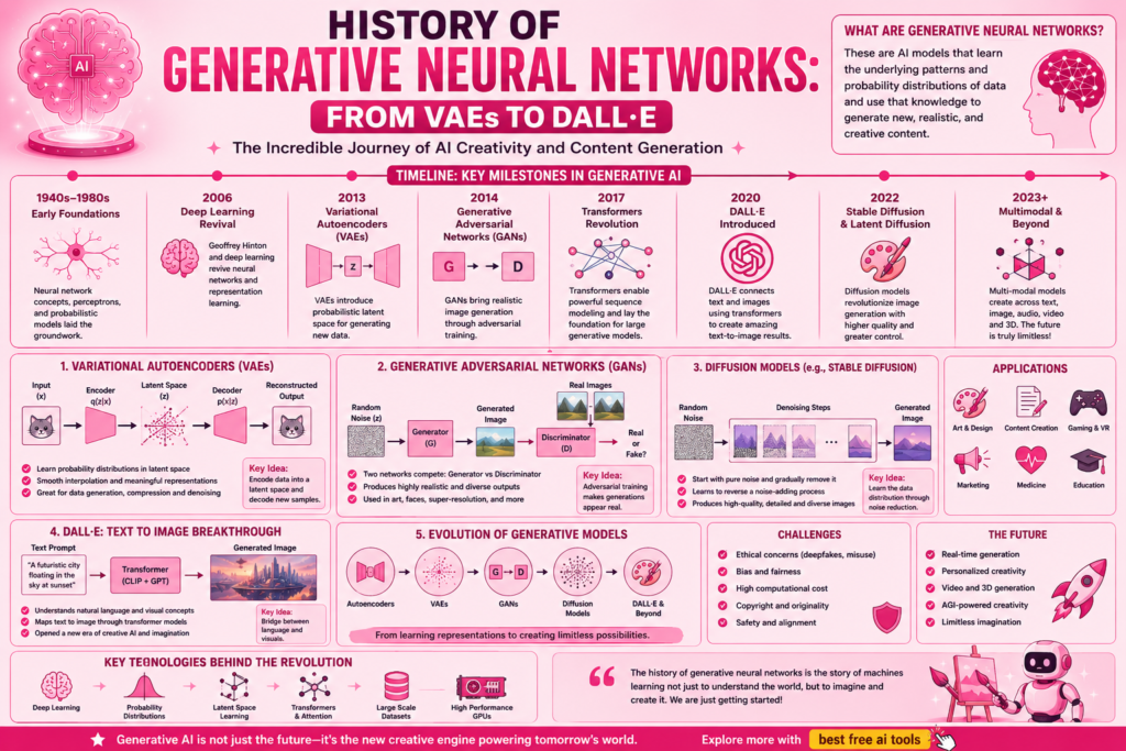 Pink background infographic explaining history of generative neural networks with VAEs, GANs, diffusion models, DALL·E, text-to-image AI, latent space learning, and creative AI evolution timeline.