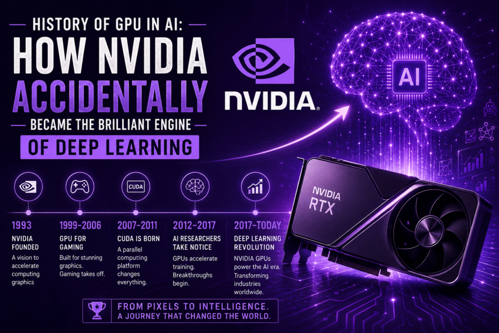 History of GPU in AI: How NVIDIA Accidentally Became the Brilliant Engine of Deep Learning history of gpu in ai purple NVIDIA deep learning GPU illustration showing the evolution of AI hardware and neural network technology