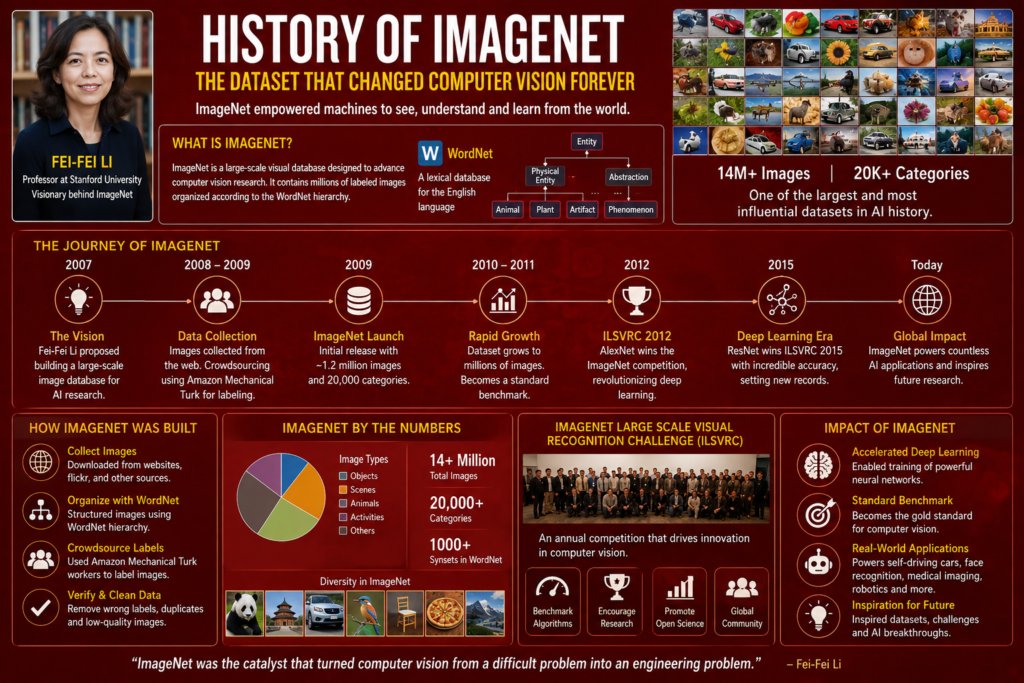 Realistic red infographic showing history of imagenet with Fei-Fei Li, ImageNet dataset timeline, millions of labeled images, ILSVRC competition milestones, deep learning breakthroughs, and computer vision evolution.