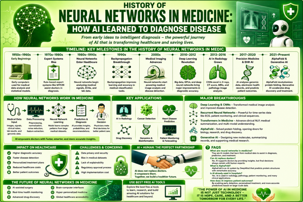 Green background infographic explaining history of neural networks in medicine with AI in radiology, disease diagnosis, AlphaFold protein folding, medical image analysis, personalized medicine, healthcare technology, and neural healthcare systems.