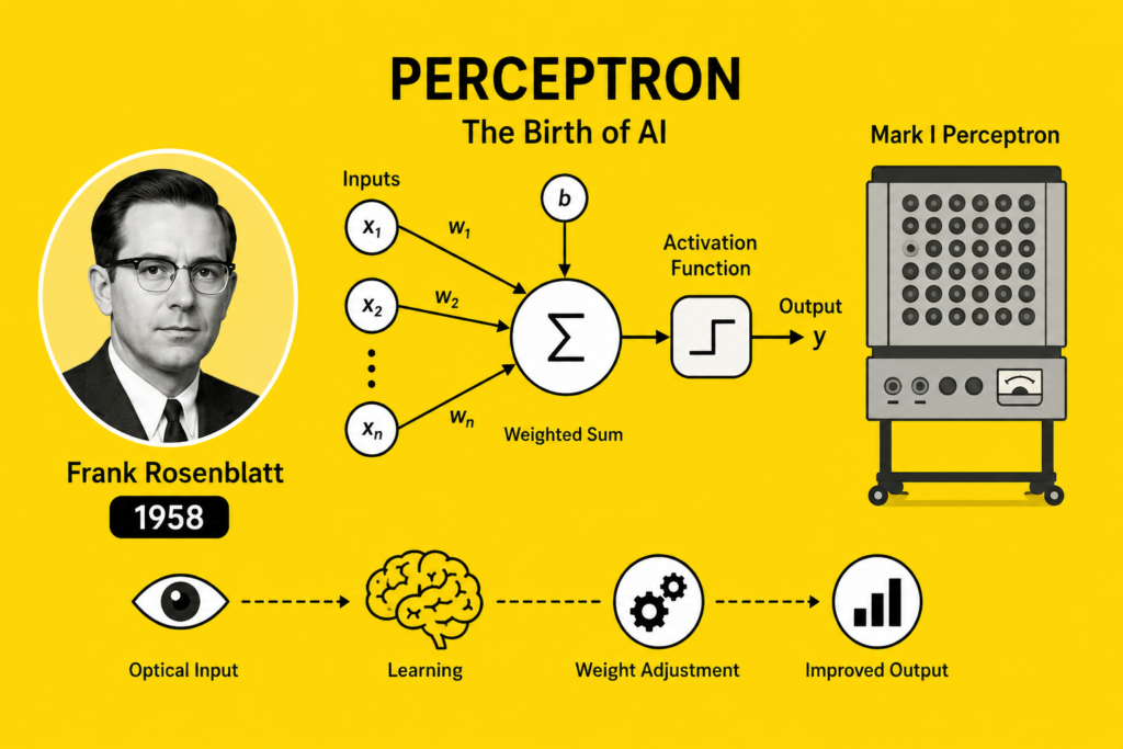 History of the Perceptron: Frank Rosenblatt's 1958 Invention That Started AI Revolutionary Breakthrough Simple yellow background infographic showing the history of perceptron with Frank Rosenblatt, the Mark I Perceptron machine, artificial neuron diagram, and early AI learning system concepts from 1958.
