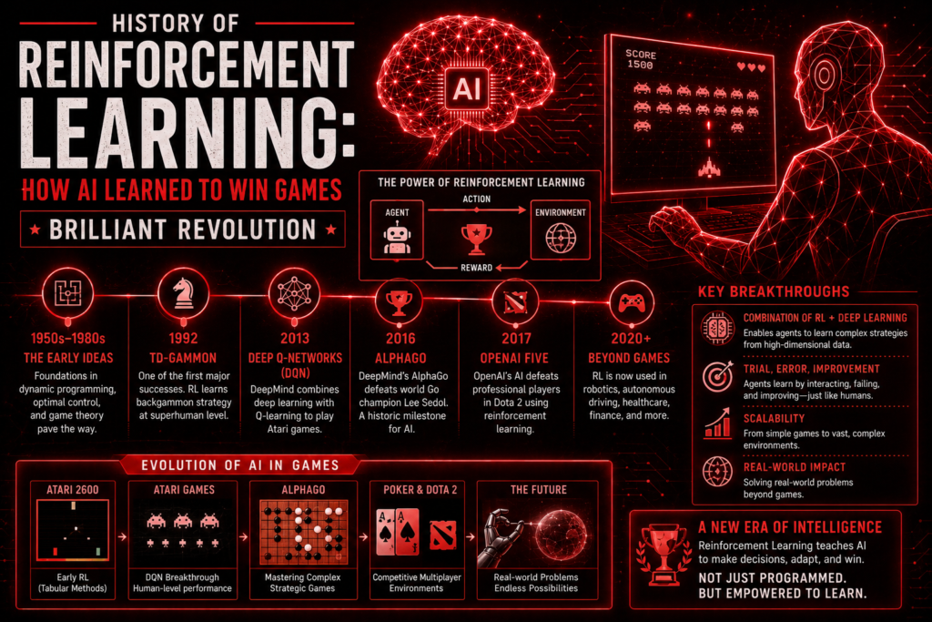 History of Reinforcement Learning: How AI Learned to Win Games Brilliant Revolution history of reinforcement learning futuristic AI illustration showing machine learning agents, game strategy, neural networks, and the evolution of reinforcement learning in artificial intelligence with glowing digital effects