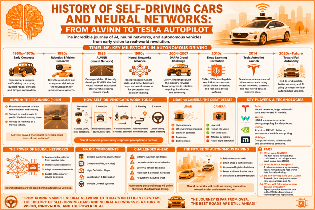 Orange background infographic explaining history of self-driving cars and neural networks with ALVINN, Tesla Autopilot, DARPA Grand Challenge, neural driving systems, sensor fusion, LIDAR vs camera technology, and autonomous vehicle evolution.