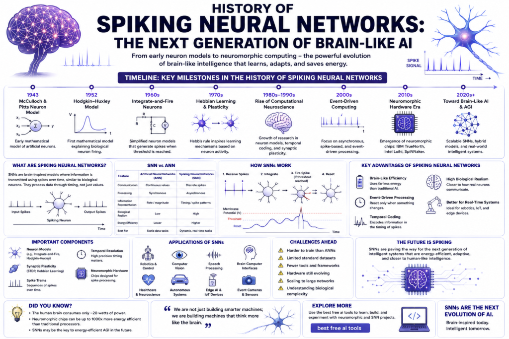 White background infographic explaining history of spiking neural networks with brain-inspired AI, neuromorphic engineering, event-driven computing, temporal coding, synaptic plasticity, neuromorphic chips, and spike-based neural communication.