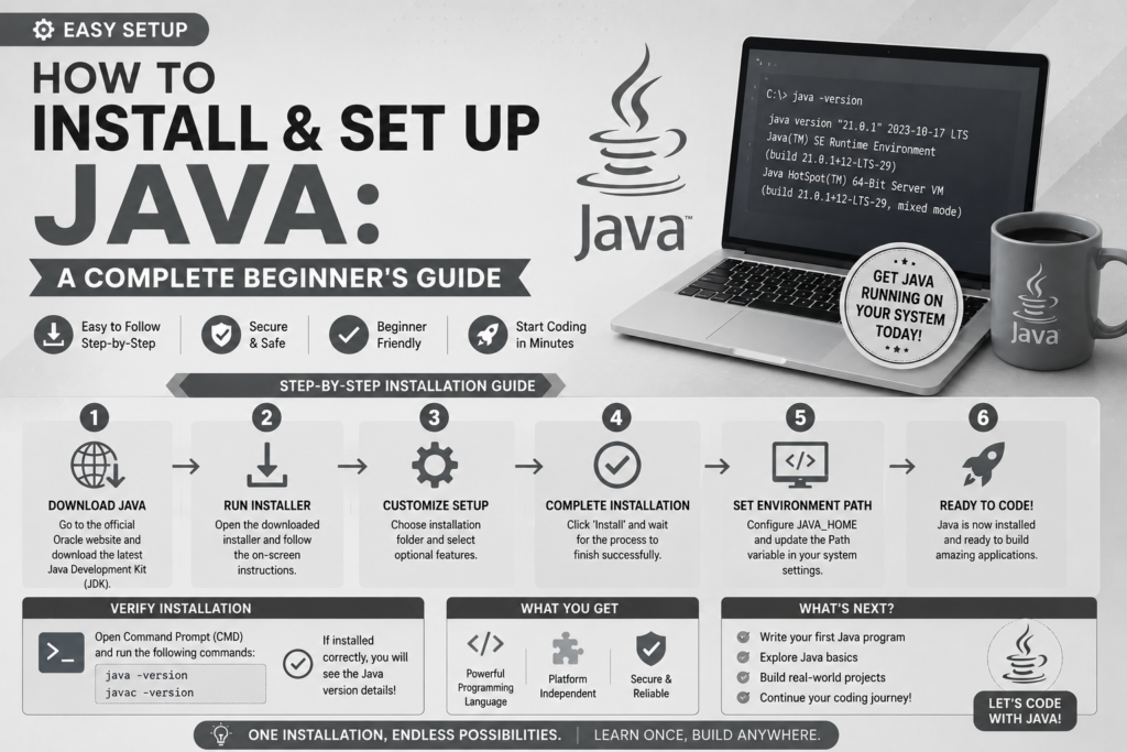 how to install java step by step guide showing Java setup process, JDK installation, environment configuration, and beginner coding setup on a computer