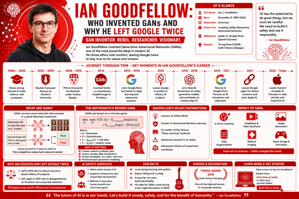 Red background infographic explaining ian goodfellow biography with GAN invention, generative adversarial networks, Google Brain, OpenAI, Apple AI, adversarial machine learning, deep learning research, and Ian Goodfellow’s impact on generative AI.