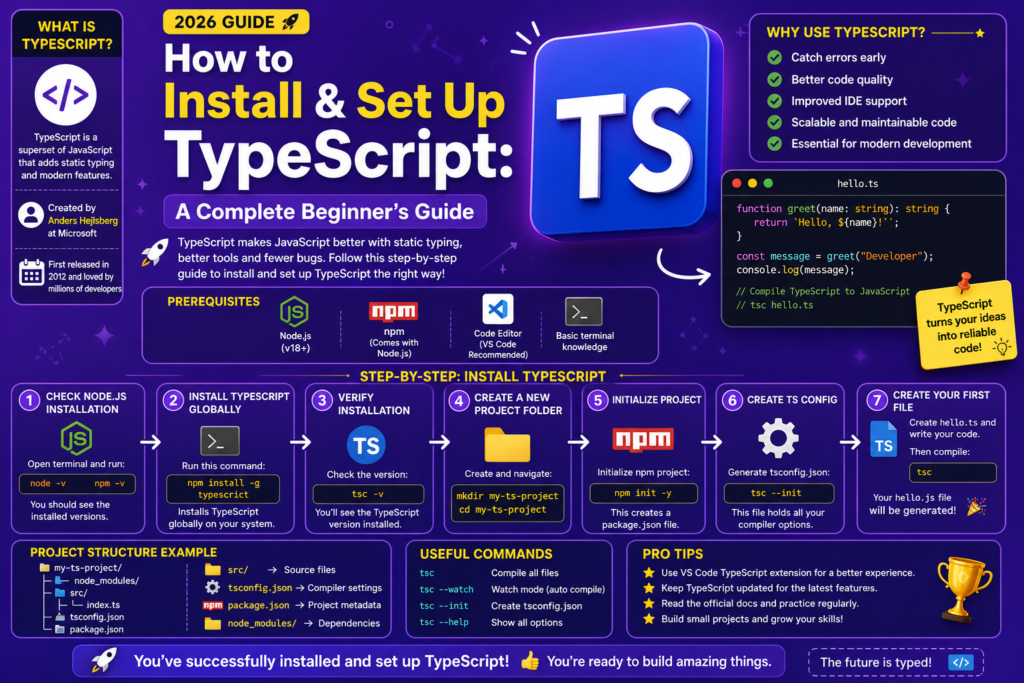 A modern purple background infographic showing how to install typescript with step by step visual guidance. The design highlights prerequisites like Node.js, npm, and code editors for setup. Clear sections demonstrate installation commands, project initialization, and tsconfig setup. Icons and code snippets explain compiling TypeScript into JavaScript in a simple way. This image visually represents the complete process to install typescript for beginners.