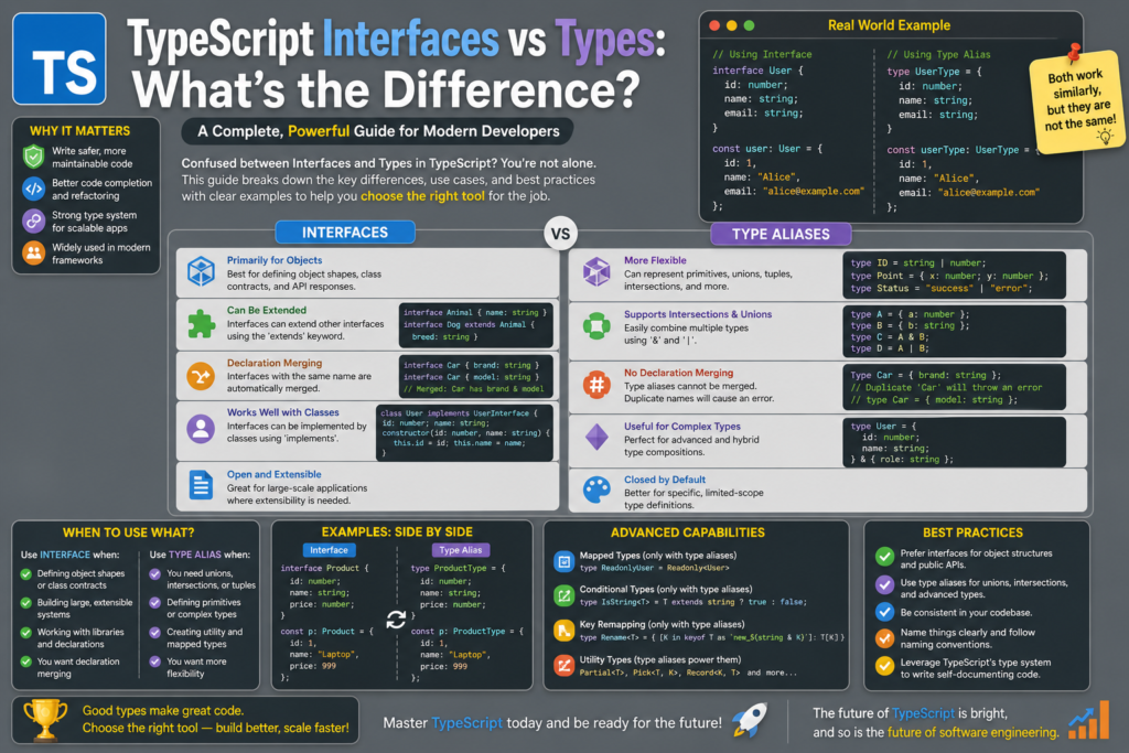A clean grey background infographic comparing interfaces vs types in TypeScript with clear side by side sections. The image highlights key differences like flexibility, declaration merging, and type composition. Code examples demonstrate how interfaces and type aliases are used in real projects. Visual elements explain use cases, best practices, and advanced concepts in an organized layout. This design clearly illustrates interfaces vs types for developers learning TypeScript.