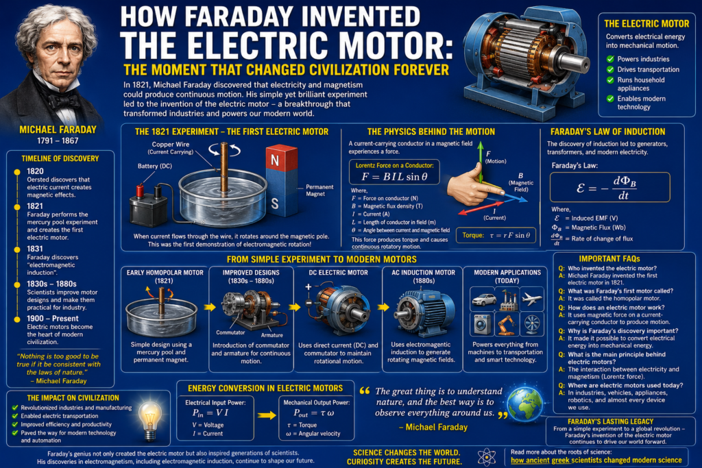 A detailed blue background infographic explaining the invention of the electric motor through Michael Faraday’s famous 1821 electromagnetic rotation experiment. The image includes homopolar motor diagrams, Lorentz force equations, rotating magnetic fields, and illustrations of modern electric motors used in industries and transportation. Scientific visuals show how electrical input converts into mechanical output using electromagnetic force and continuous motion principles. This educational artwork highlights the history, physics breakthroughs, and global impact of the invention of the electric motor on modern civilization.