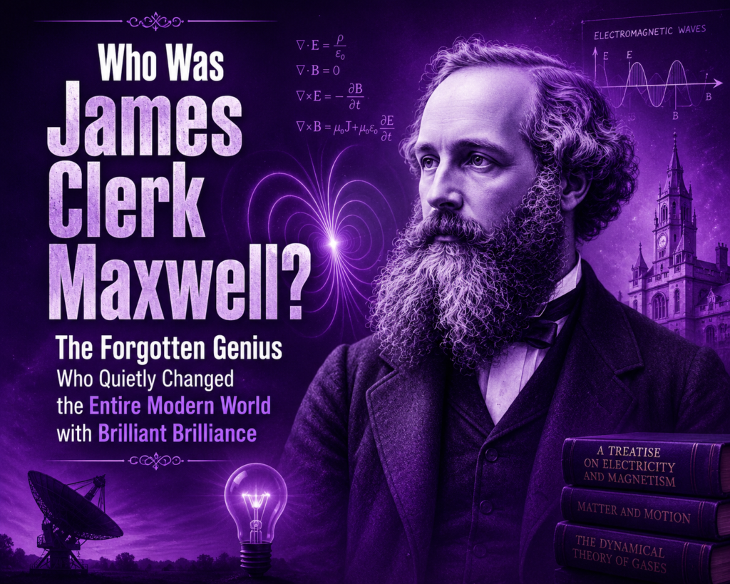 james clerk maxwell portrait in a purple themed scientific background featuring electromagnetic field lines, Maxwell's equations, light waves, and symbols of modern technology, illustrating the forgotten genius who transformed the modern world through groundbreaking discoveries in physics.