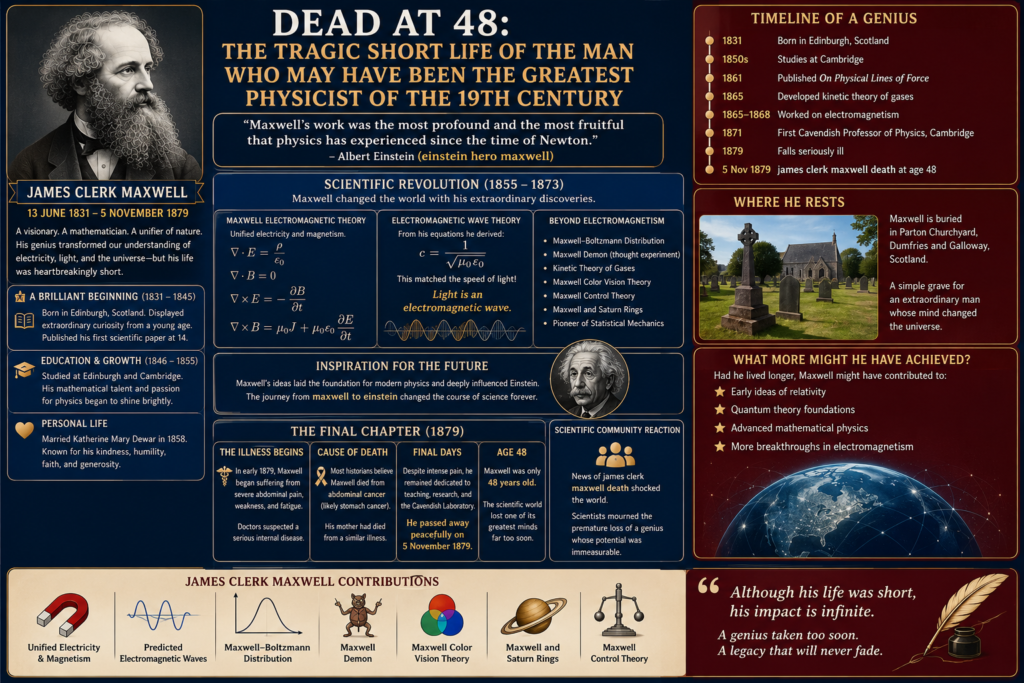 james clerk maxwell death infographic in dual navy blue and burgundy colors featuring James Clerk Maxwell's life timeline, groundbreaking discoveries in electromagnetism and light, Maxwell's equations, scientific achievements, illness and death at age 48, Einstein's admiration, burial in Parton, Scotland, and the enduring legacy of one of the greatest physicists of the nineteenth century.
