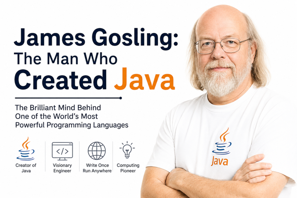 James Gosling: The Man Who Created Java Brilliantly james gosling creating Java programming language on a clean white background with Java logo and modern software development theme