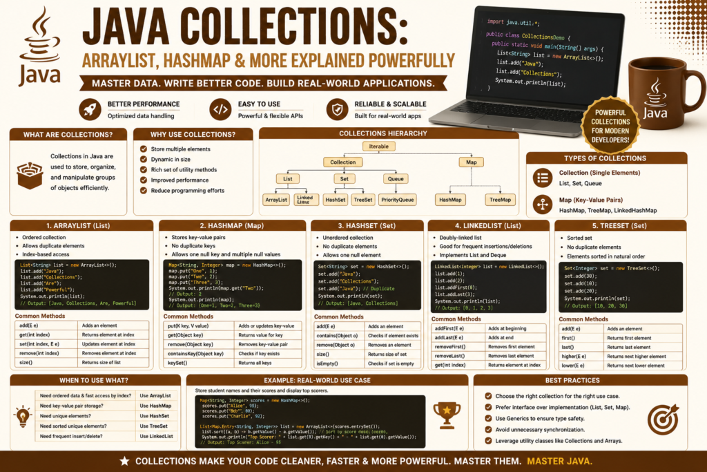 Java Arrays & Collections: ArrayList, HashMap & More Explained Powerful Mastery java arrays & collections guide infographic in brown color explaining ArrayList, HashMap, HashSet, LinkedList, and Java collection framework concepts with code examples for beginners