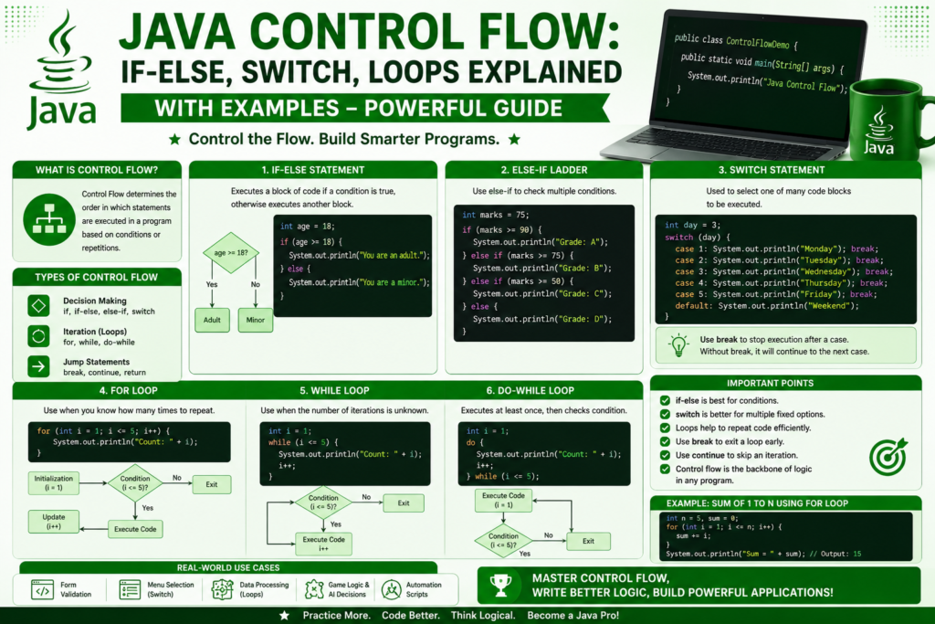 Java Control Flow: If-Else, Switch, Loops Explained with Examples Powerful Guide java control flow infographic in green color showing if else statements, switch cases, loops, and Java programming examples for beginners