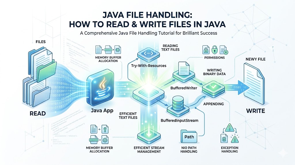 Java File Handling: How to Read & Write Files in Java: Brilliant Success A comprehensive architectural diagram from a java file handling tutorial illustrating how to read and write files on a clean white background, showing the flow between input output streams, memory buffer allocation, and modern NIO path handling.