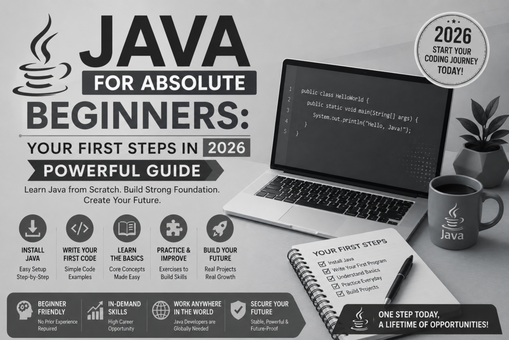 java for absolute beginners guide in grey color showing Java coding basics, beginner programming setup, laptop with Java code, and learning roadmap for 2026
