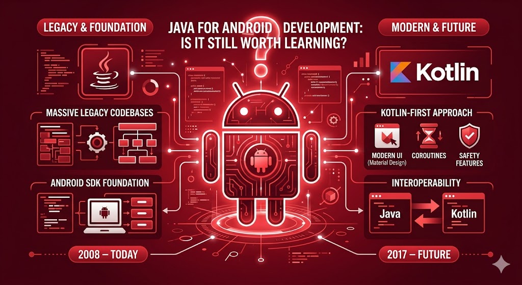 Java for Android Development: Is It Still Worth Learning? Absolute Triumph Here is the red-themed infographic for your article on java for android development. The image is designed to visually contrast Java's foundational role with modern tools like Kotlin, summarizing the key points of your discussion.