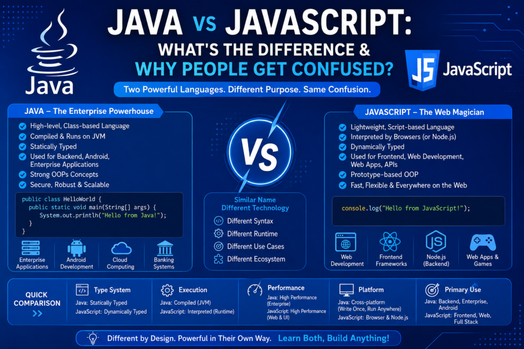 Java vs JavaScript: What's the Difference & Why People Get Confused? Powerful Truth java vs javascript explained infographic in blue color comparing Java and JavaScript syntax, features, performance, and web development differences