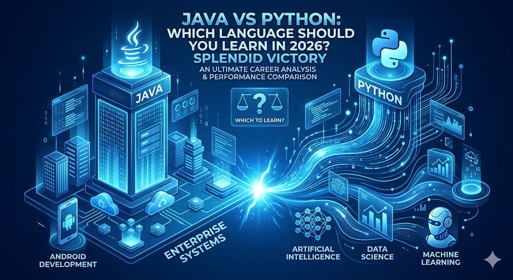 Java vs Python: Which Language Should You Learn in 2026? Splendid Victory A detailed 2026 tech infographic comparing java vs python: which to learn, showcasing Java's dominance in android development and enterprise systems versus Python's ecosystem in artificial intelligence, data science, and machine learning on a futuristic blue background.