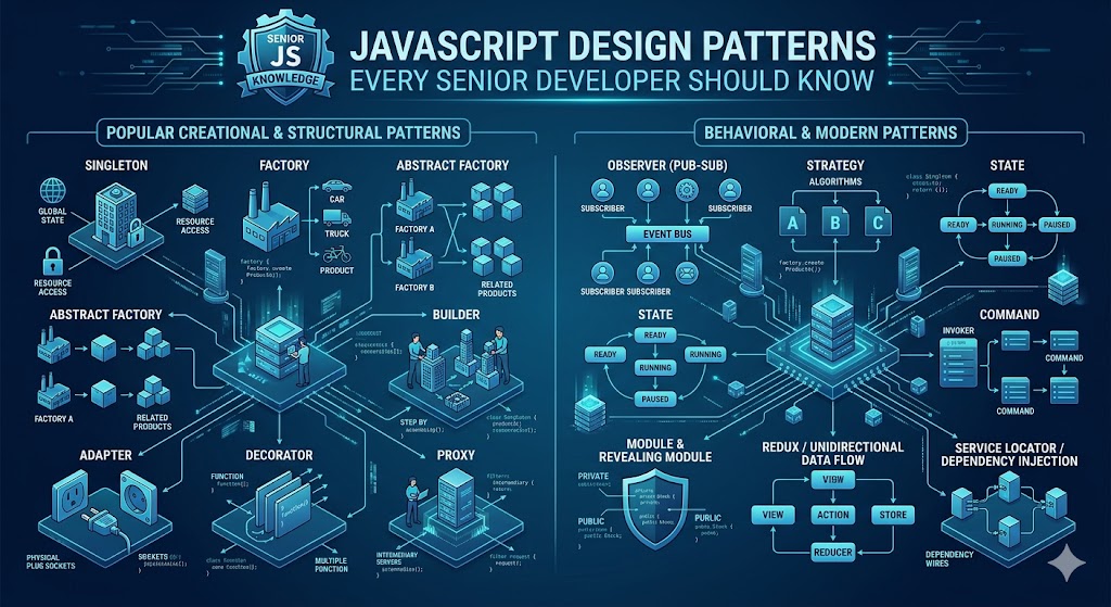 An infographic titled 'JavaScript Design Patterns Every Senior Developer Should Know' features a comprehensive, modern architectural diagram in a deep blue, glowing tech aesthetic. The visual is split into two primary sections on a circuit-board background: 'POPULAR CREATIONAL & STRUCTURAL PATTERNS' and 'BEHAVIORAL & MODERN PATTERNS'. The image details several common javascript design patterns like Singleton, Factory, abstract factory, abstract factory, builder, builder, adapter, proxy, decorator, and abstract factory, proxy, and adapter with icons and brief code snippets. On the right, it covers Behavioral and Modern javascript design patterns like Observer (Pub-Sub), Strategy, State, Module, Redux/Unidirectional Data Flow, Command, and Service Locator/Dependency Injection, using clean vector graphics and connecting lines. Small figures of developers are seen interacting with components of the large scale system architecture, which includes server racks, data points, and code structures. A circular crest at the top center reads 'SENIOR JS DEVELOPER KNOWLEDGE'.