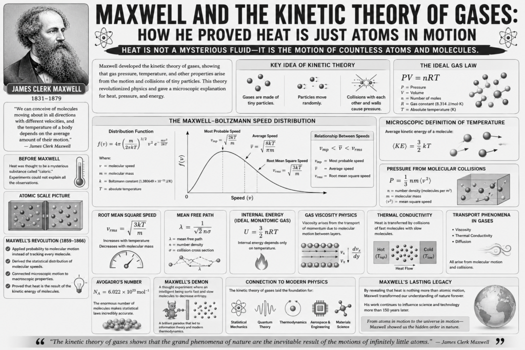 kinetic theory of gases educational infographic in a grey theme featuring James Clerk Maxwell, molecular motion diagrams, the Maxwell-Boltzmann speed distribution curve, root mean square speed equations, gas pressure from molecular collisions, mean free path formula, thermal conductivity, viscosity, internal energy, and the scientific explanation that heat is the motion of atoms and molecules.