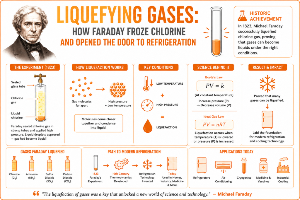 Liquefying Gases: How Faraday Froze Chlorine and Opened the Door to Refrigeration Amazing Breakthrough A simple orange themed infographic on a white background illustrating the liquefying gases experiment performed by Michael Faraday in 1823. The image features Faraday’s portrait, sealed glass tubes, chlorine gas condensation visuals, and basic thermodynamics equations related to gas liquefaction. Minimal educational sections explain how pressure and low temperature turned gases into liquids and opened the path to refrigeration technology. This clean scientific artwork highlights the liquefying gases experiment and its impact on cooling systems, cryogenics, and modern refrigeration.