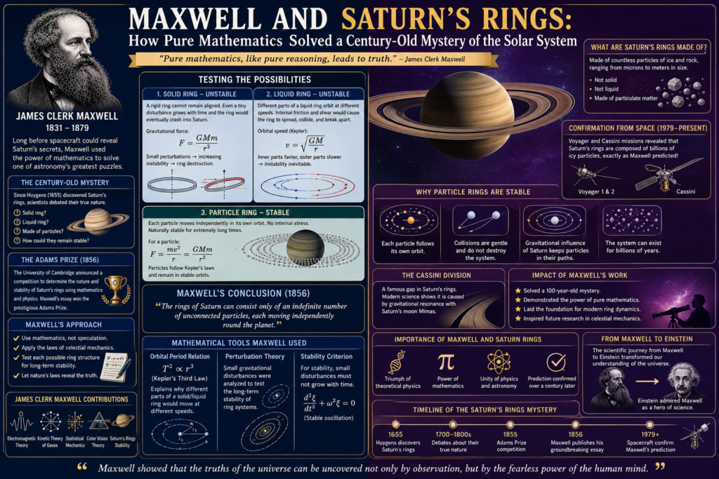 maxwell and saturn rings educational infographic in a dual blue and purple color theme featuring James Clerk Maxwell, Saturn and its ring system, the Adams Prize 1856, orbital mechanics equations, gravitational stability analysis, particle ring structure, Cassini Division, celestial mechanics concepts, and Maxwell's mathematical solution to the century old mystery of Saturn's rings.