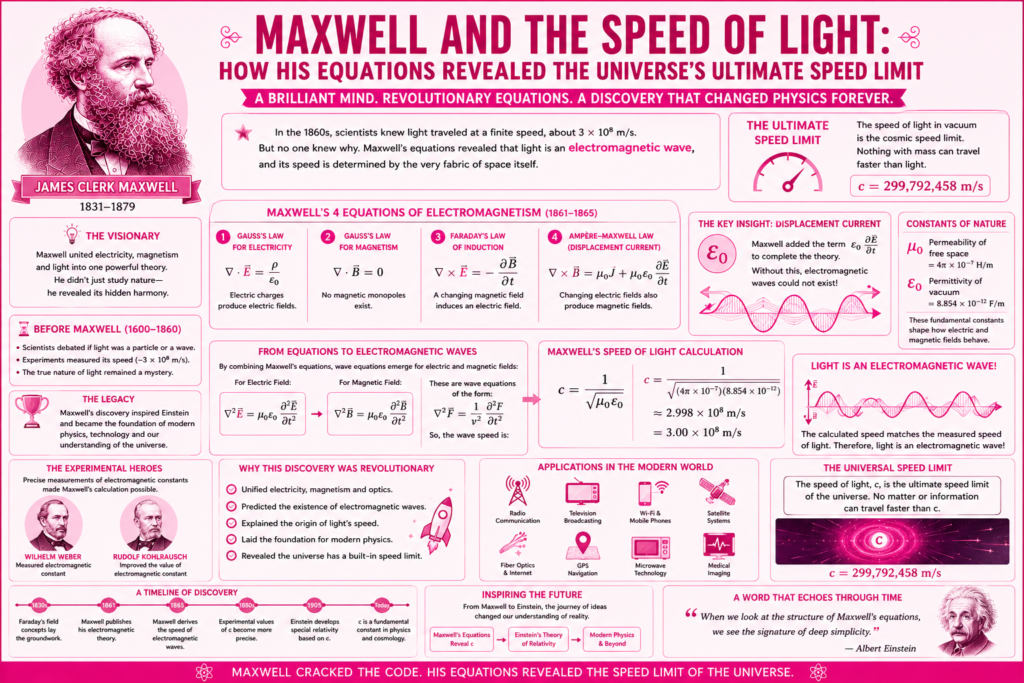 maxwell and speed of light infographic in a pink theme featuring James Clerk Maxwell, electromagnetic wave equations, the speed of light formula c=1/ μ 0 ​ ϵ 0 ​ ​ , electric and magnetic fields, electromagnetic wave propagation, fundamental constants of nature, and the scientific connection from Maxwell's discoveries to Einstein's theory of relativity.