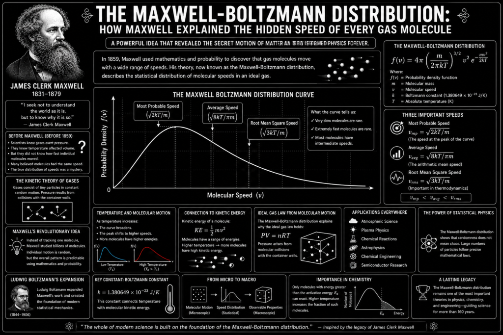 maxwell boltzmann distribution educational infographic on a black background featuring James Clerk Maxwell, the Maxwell-Boltzmann distribution curve, molecular speed distribution in gases, probability density function, root mean square speed, average molecular velocity, kinetic energy distribution, statistical mechanics concepts, and gas molecule motion visualizations.