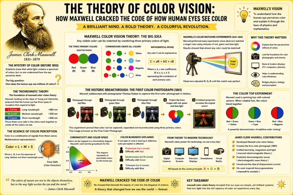 The Theory of Color Vision: How Maxwell Cracked the Code of How Human Eyes See Color Brilliant Discovery maxwell color vision theory educational infographic on a yellow background featuring James Clerk Maxwell, trichromatic theory of vision, cone cells in the human eye, RGB color mixing, color matching experiments, the first color photograph, chromaticity concepts, and the science behind human color perception and modern display technology.