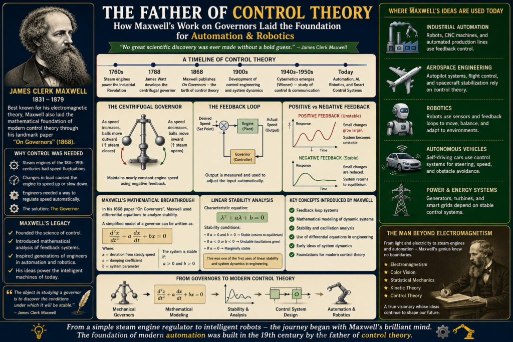 maxwell control theory educational infographic in a dual teal and orange color theme featuring James Clerk Maxwell, the 1868 On Governors paper, centrifugal governor mechanism, feedback loop systems, stability analysis equations, automation engineering concepts, robotics control systems, negative feedback diagrams, system dynamics, and the foundations of modern control theory and automation.