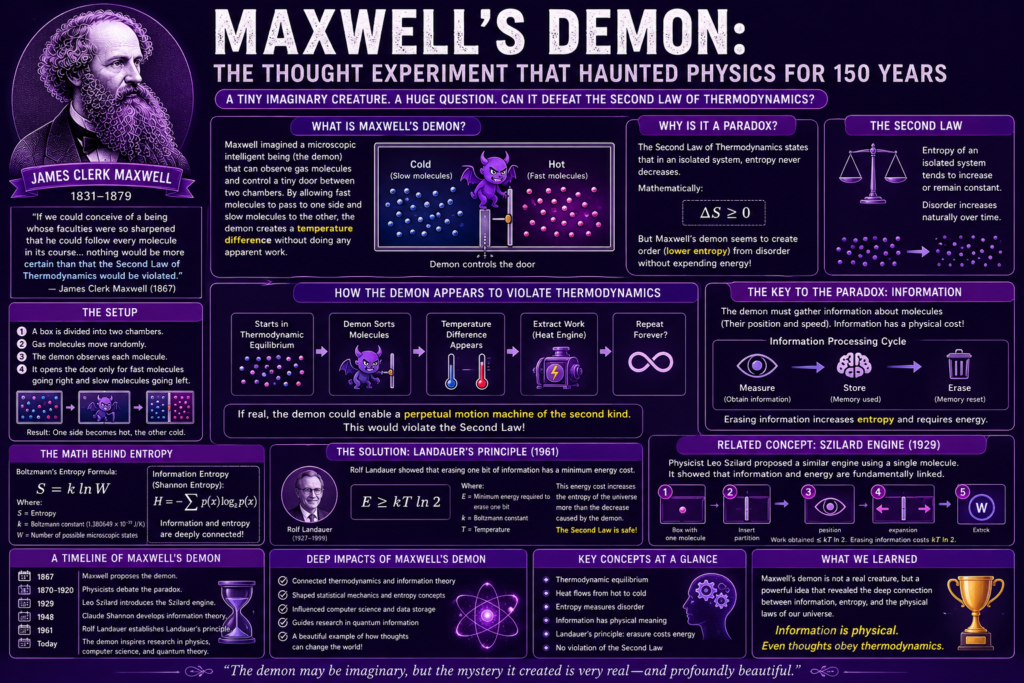 Maxwell's Demon: The Thought Experiment That Haunted Physics for 150 Years Mysterious Puzzle maxwell demon educational infographic in a purple theme featuring James Clerk Maxwell's famous thought experiment, molecular sorting between hot and cold chambers, entropy equations, the Second Law of Thermodynamics, Landauer's Principle, information theory, the Szilard engine, and the physics paradox that influenced thermodynamics, computing, and modern information science.