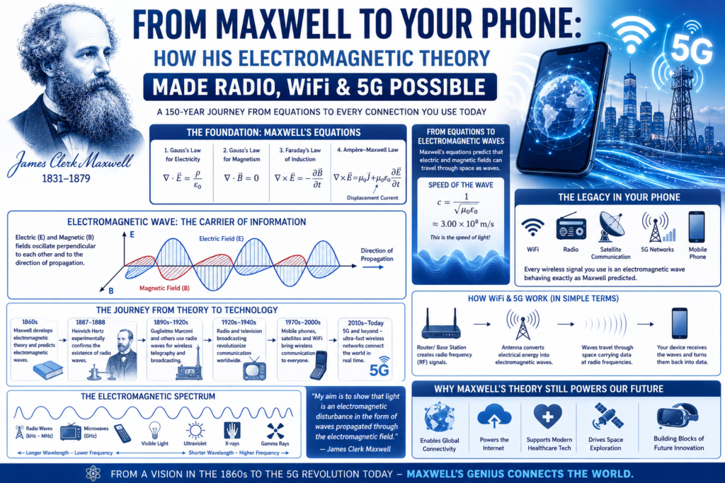 maxwell electromagnetic theory infographic in a blue theme featuring James Clerk Maxwell, electromagnetic waves, Maxwell's equations, radio communication, WiFi, 5G networks, smartphones, satellites, signal propagation, and the evolution of wireless technology from theory to modern connectivity.