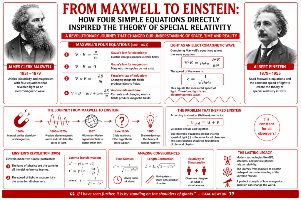 From Maxwell to Einstein: How Four Simple Equations Directly Inspired the Theory of Special Relativity Revolutionary Journey maxwell to einstein educational infographic in white and red colors featuring James Clerk Maxwell and Albert Einstein, Maxwell's equations, electromagnetic wave theory, the speed of light formula, the Michelson-Morley experiment, Lorentz transformations, special relativity concepts, spacetime, time dilation, and the scientific journey that connected Maxwell's discoveries to Einstein's revolutionary theory of relativity.