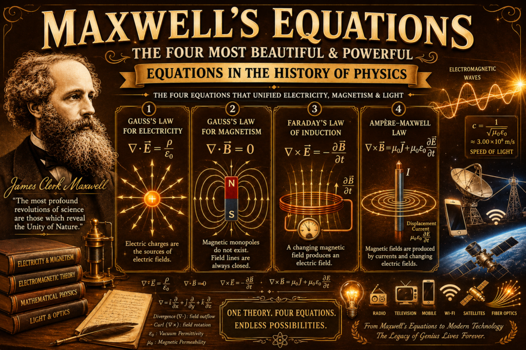 maxwell's equations educational poster in a brown vintage theme featuring James Clerk Maxwell, the four equations of electromagnetism, electromagnetic waves, electric and magnetic fields, and illustrations of modern technologies such as radio, WiFi, satellites, and fiber optics.