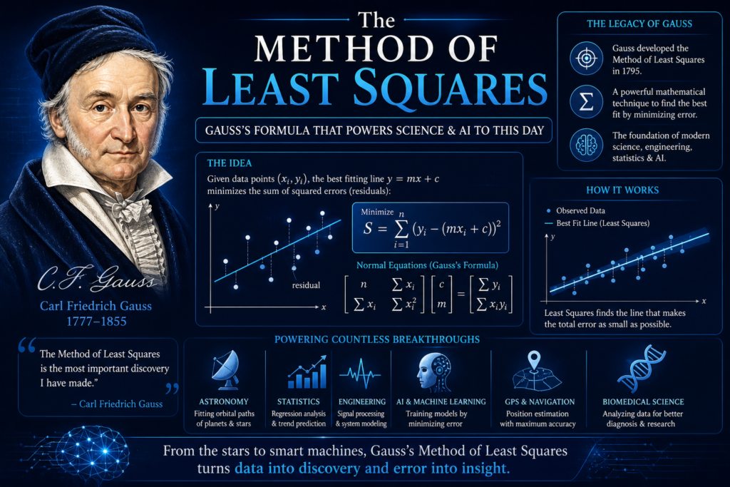 A visually engaging blue-themed infographic illustrating the method of least squares with a detailed portrait of Carl Friedrich Gauss. The image includes a scatter plot with a best-fit line, clearly demonstrating how the method of least squares minimizes errors. Mathematical formulas and normal equations are displayed to explain the concept in a structured way. Modern icons highlight applications in AI, engineering, and data science. The clean layout and glowing blue accents enhance readability and visual appeal. This image effectively represents the importance of the method of least squares in modern science and technology.