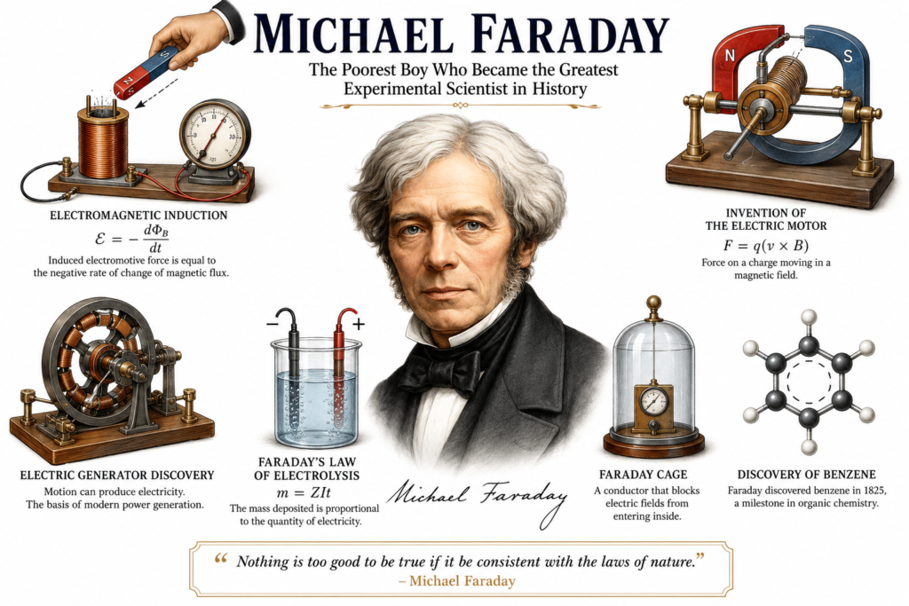 A detailed white background illustration of michael faraday surrounded by his famous scientific discoveries and inventions. The image shows electromagnetic induction experiments, the electric motor, electric generator, Faraday Cage, and electrolysis concepts. Michael Faraday is portrayed in the center wearing Victorian era clothing with scientific diagrams and mathematical equations around him. This educational artwork highlights the journey of michael faraday from a poor self taught scientist to one of the greatest experimental scientists in history. The design represents the history of science, electricity, chemistry, and 19th century physics in a visually engaging way.