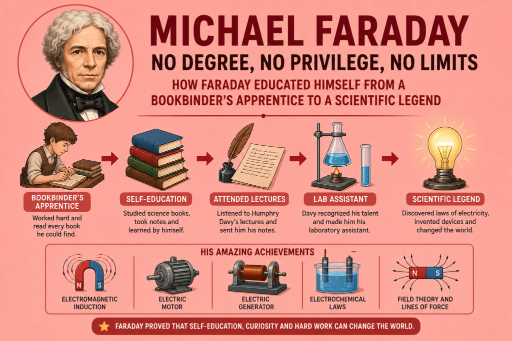 A simple light red themed motivational infographic illustrating michael faraday self education with a portrait of Michael Faraday and a visual timeline of his journey from bookbinder apprentice to world famous scientist. The image features books, handwritten notes, laboratory equipment, and scientific symbols representing self learning, curiosity, and academic perseverance. Minimal educational visuals highlight Faraday’s discoveries in electricity, magnetism, and chemistry while emphasizing his rise through self education and hard work. This inspiring artwork demonstrates how michael faraday self education transformed a poor working class apprentice into one of history’s greatest scientific legends.