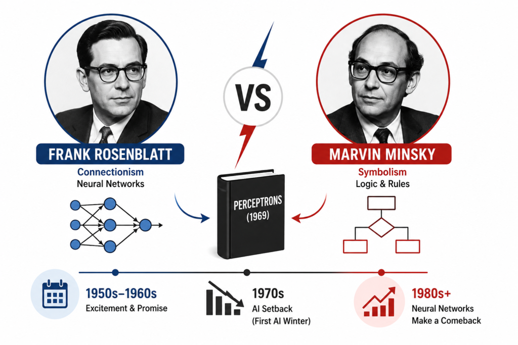 Simple white background infographic showing minsky vs rosenblatt with Marvin Minsky, Frank Rosenblatt, perceptron controversy, neural networks versus symbolic AI, and the first AI winter timeline.