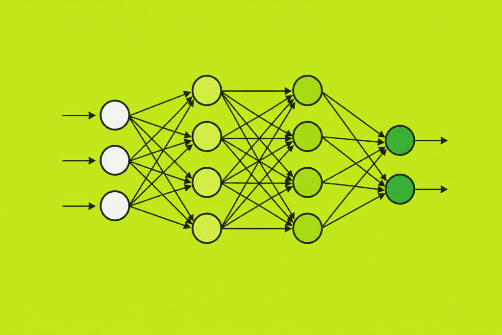 Simple lime background infographic showing multilayer perceptron history with layered neural network nodes, hidden layers, feedforward connections, deep learning structure, and AI learning visualization.