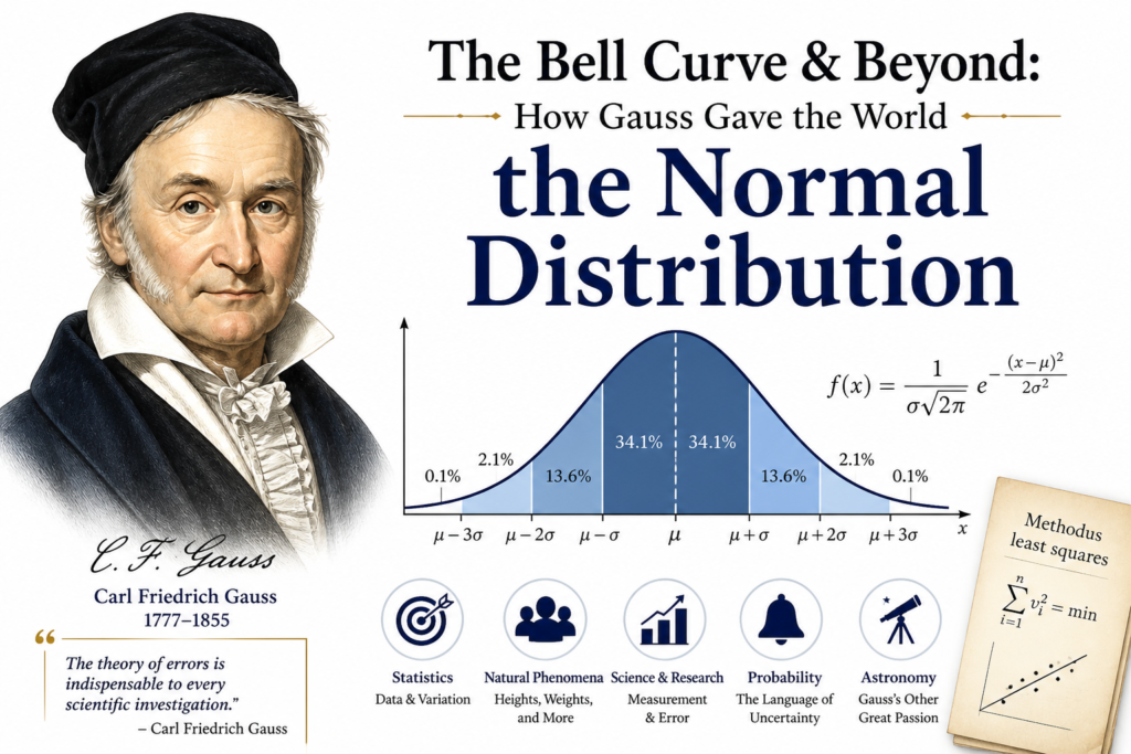 A clean educational poster illustrating the concept of the normal distribution with a prominent bell curve at the center. The image features labeled standard deviation sections, visually explaining data spread and symmetry. A portrait of Carl Friedrich Gauss highlights his connection to the development of the normal distribution. Mathematical formulas and subtle icons enhance the statistical theme of the design. The layout uses a clear white background for better readability and focus. This image effectively represents the importance of the normal distribution in statistics and science.